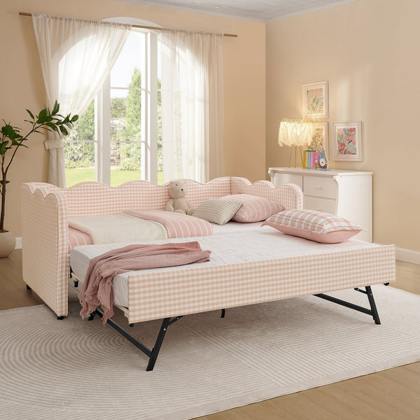 English Elm Cozy Twin Gingham Daybed with Trundle Sofa Bed, Linen Upholstery, USB Port, Wave Frame Design Pink W1413S00099