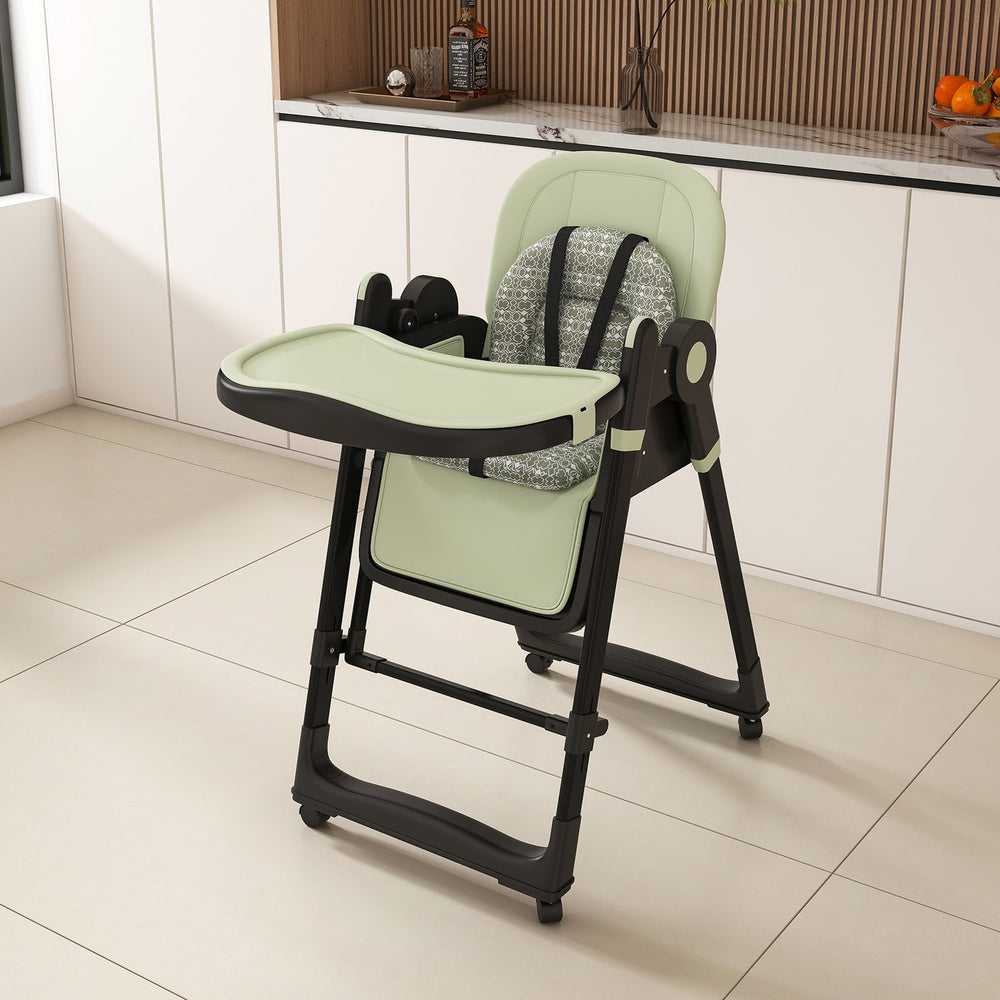 English Elm Convertible Baby High Chair to Rocker with 5-Point Harness, Foldable Feeding Seat, Quiet Wheels, Easy-Clean Tray and Adjustable Recline for Infants and Toddlers Dark Green W2699P371975
