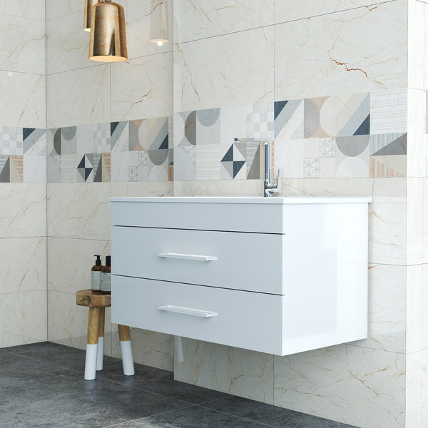 English Elm 36-Inch Modern Wall-Mounted Bathroom Vanity With Soft-Close Drawers & Glossy White Ceramic Sink W3151S00050