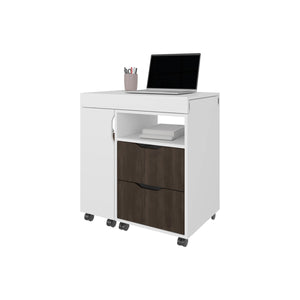 English Elm White White and Stained Walnut 2-Drawer Extendable Desk with Smooth Slides, 4 Shelves, Modern Storage B062P290245
