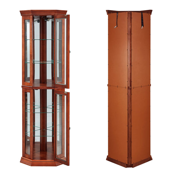 English Elm Corner Curio Cabinet Lighted Display with Mirrored Back, Adjustable Tempered Glass Shelves, Walnut W1693111239
