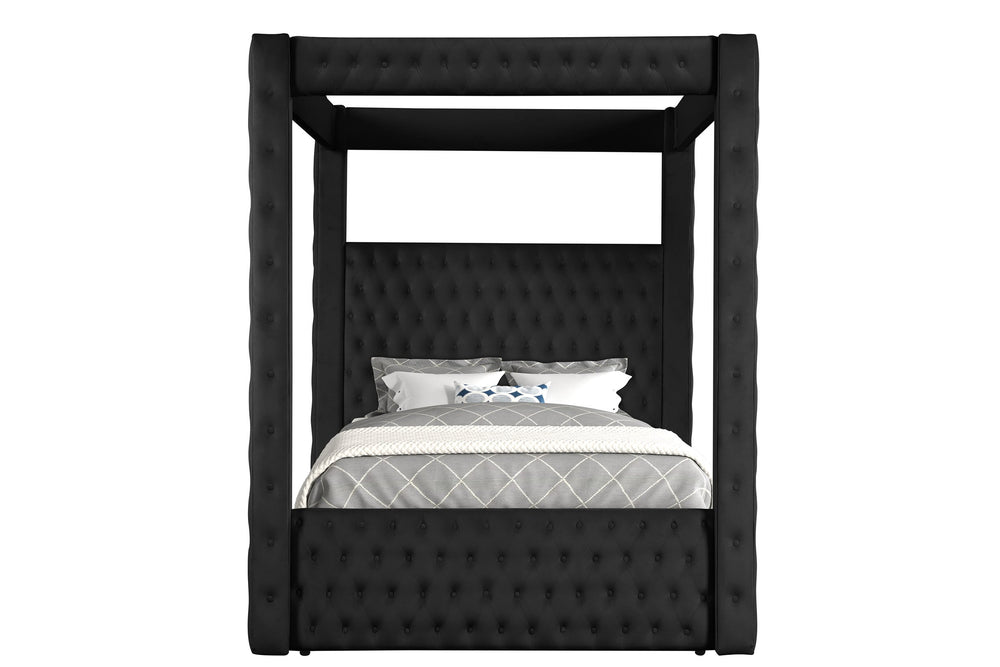 English Elm 1pc Velvet Four Poster Queen Bed Crystal Tufted Upholstered Glam Bedroom Frame Black B011S02306