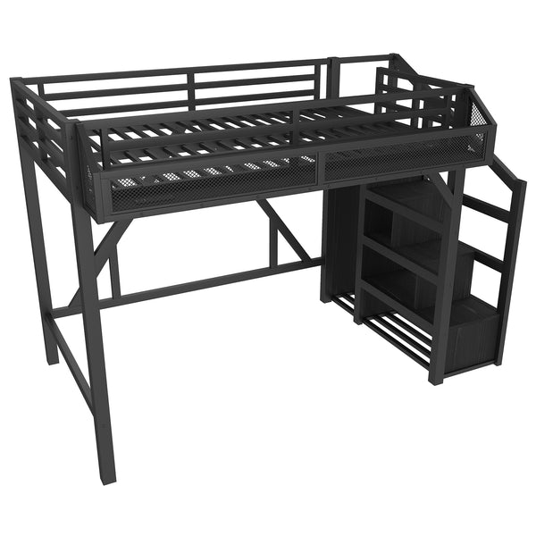 English Elm Twin Metal Loft Bed with Wardrobe Storage Stairs Led Lighting and Usb Ports W1580S00405