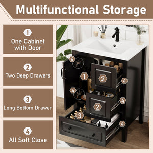 English Elm Christopher Knight Home® - 24 Freestanding Retro Bathroom Vanity with Ceramic Sink, Soft-Close Cabinet & Drawers, Painted MDF Finish Black N759P292551B