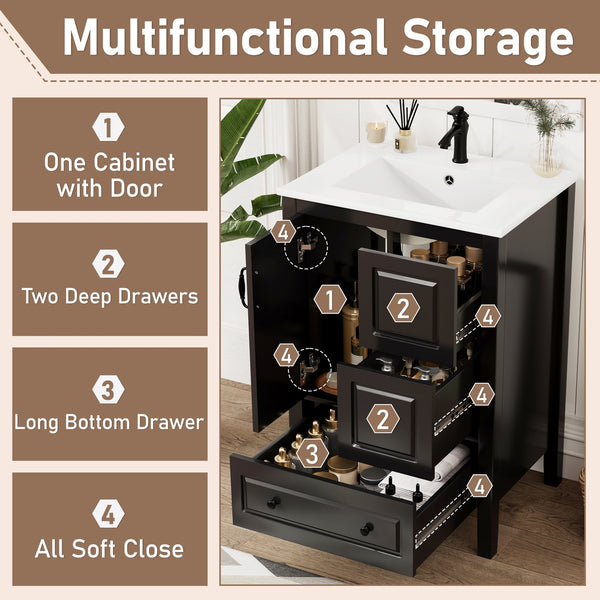 English Elm Christopher Knight Home® - 24 Freestanding Retro Bathroom Vanity with Ceramic Sink, Soft-Close Cabinet & Drawers, Painted MDF Finish Black N759P292551B