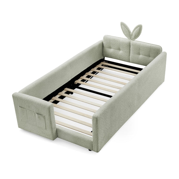 English Elm Twin Boucle Upholstered Kids Bed Whimsical Rabbit Ear Headboard with Safety Rail Cyan W1413P407489
