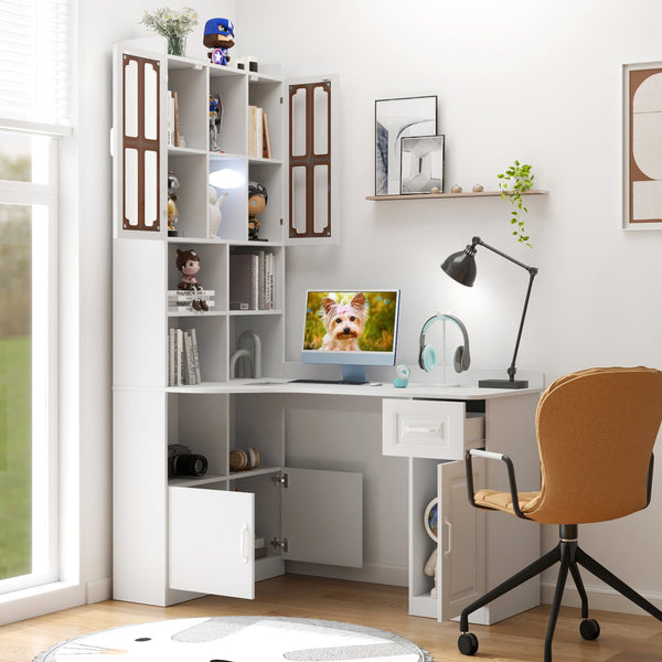 English Elm L-Shaped Corner Computer Desk with Hutch & Drawers, Space-Saving 2-in-1 Design and Ample Storage White W331S00169