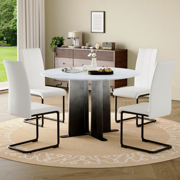 English Elm Modern Faux Marble Round Dining Set with 4 Upholstered Chairs for Small Spaces W3875S00064