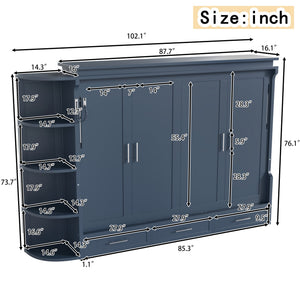 English Elm Queen Murphy Wall Bed with Side Cabinets Open Shelving and Drawers for Studio Rooms Blue W1580S00453