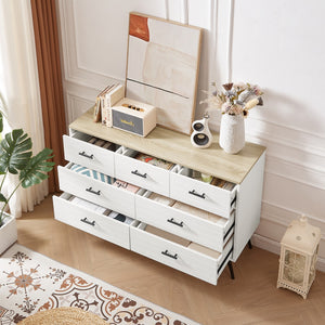 English Elm 7 Drawer Dresser For Bedroom With Deep Drawers, Wood Dressers & Chest Of Drawers, Modern White Long Dressers For Closet Living Room, 47.2"W X 15.7"D X 31.5"H, White & Oak