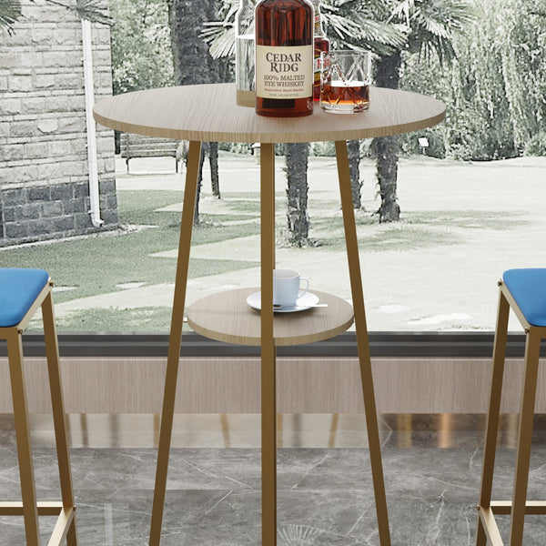 English Elm Bar Table and Chair Set Gold Frame Blue Velvet Cushions with Built-in Storage Shelf W3064P245389