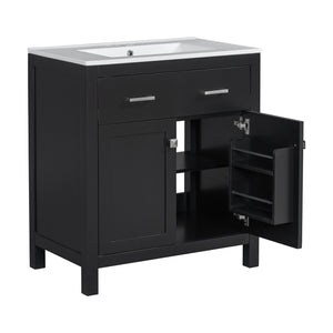 English Elm 30" Modern Bathroom Vanity with Ceramic Sink and Soft-Close Doors, Solid Wood MDF Build, Sleek Handles Black N729P263155B