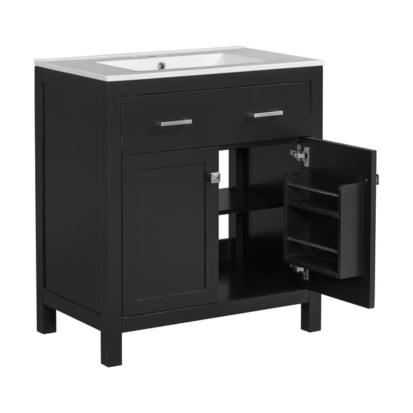 English Elm 30" Modern Bathroom Vanity with Ceramic Sink and Soft-Close Doors, Solid Wood MDF Build, Sleek Handles Black N729P263155B