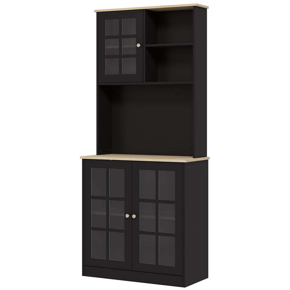 English Elm HOMCOM 72" Kitchen Pantry Hutch Cabinet with Glass Doors, Large Countertop, Adjustable Shelves, Black W2225P200665