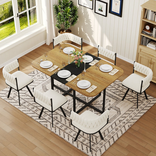 English Elm 7-piece Dining Set Tufted Velvet Chairs Melamine Table Modern Farmhouse Kitchen Beige,Black,Wood W3875S00113