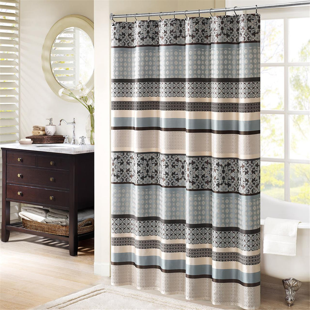 JLA Home Madison Park - Jacquard Shower Curtain with Textured Damask & Geometric Weave, Grey Ivory Accents, Machine Washable Red MP70-3040