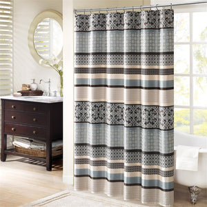 JLA Home Madison Park - Jacquard Shower Curtain with Textured Damask & Geometric Weave, Grey Ivory Accents, Machine Washable Blue MP70-3039