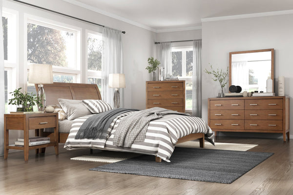 English Elm Transitional Evans Queen Platform Bed with Sleigh Headboard Light Brown Wire-Brush Finish, Low-Profile B011S01612