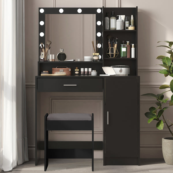 English Elm Vanity LED Mirror Dressing Table with 12 Bulbs, Adjustable 3-Mode Brightness and Large Drawer Storage Black W3457P336677