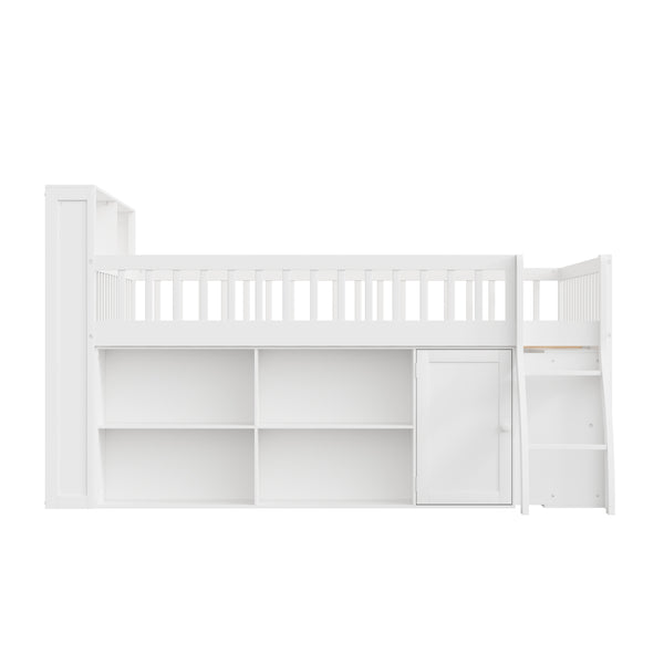 English Elm Full Size Kids Loft Bed with Led Headboard Open Shelving and Natural Wood Frame White N7090005024K