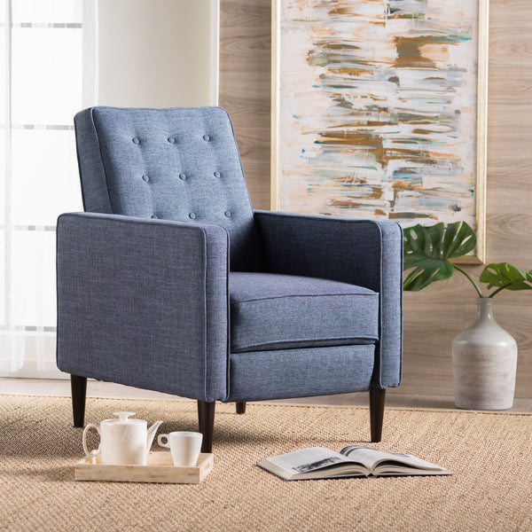 English Elm Christopher Knight Home® - Fabric Recliner Chair Mid-Century Modern Pushback Single Sofa with Tufted Cushion, Birch Legs, Cozy Comfort Dark Blue 60741.00DBL