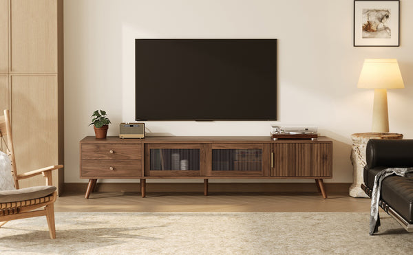 English Elm 76" Wood Grain Media Console with Glass Doors Deep Drawers and Living Room Storage N710P397467P