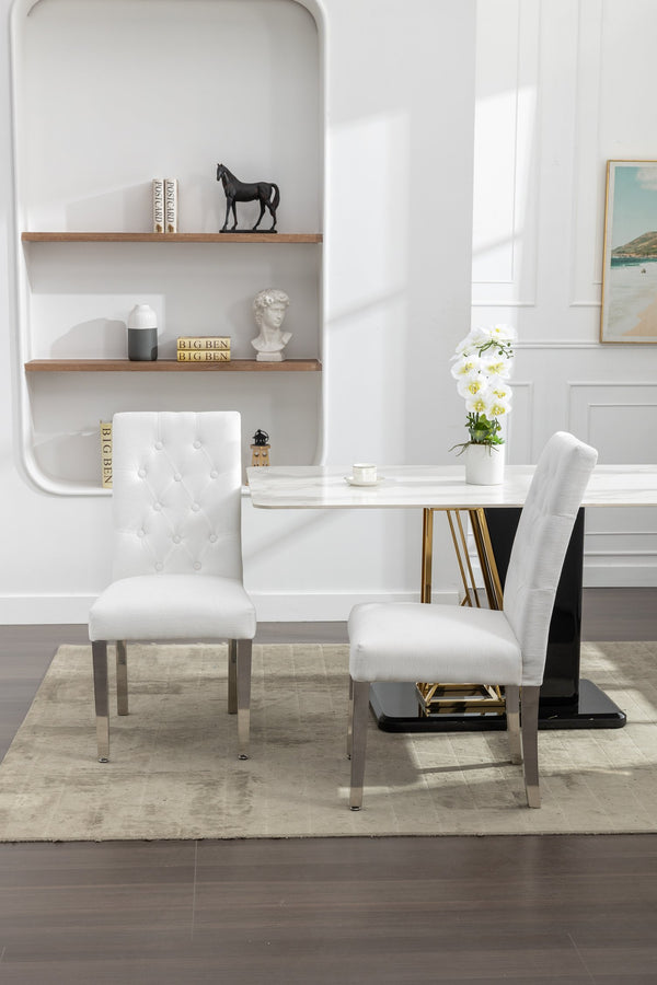 English Elm Set of 2 Modern Dining Chairs Plush Chenille Upholstery with Button-Tufting, S-Springs & Stainless Steel Legs Beige D772095826