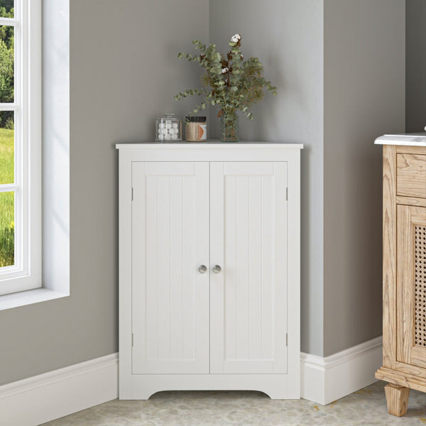 English Elm Floor Corner Cabinet with Beadboard Doors & Adjustable Shelf, Narrow Freestanding White Storage for Bath, Kitchen, Living Room, Bedroom W808P175911