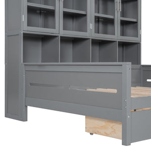 English Elm Full Size Wooden Daybed With Stylish Led Lighting, Glass Storage Cabinets & Versatile Shelves In Gray N820S00051E