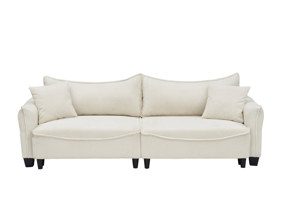 English Elm Sofa Beige Corduroy 3-Seater Convertible Sofa Bed with Two Pillows, Solid Wood Frame, 500lb Capacity W1278S00039