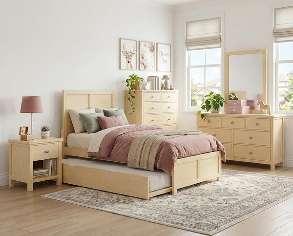 English Elm Contemporary Natural Pine Twin Bed Tall Headboard Slat Support Farmhouse Bedroom Frame B011S02459
