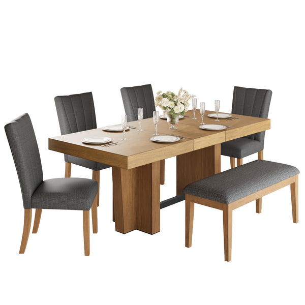 English Elm TOPMAX Solid Wood Extendable Dining Table Set for 6 with 18" Leaf, Trestle Legs, Cushioned Bench & Chairs Gray SP000089AAE