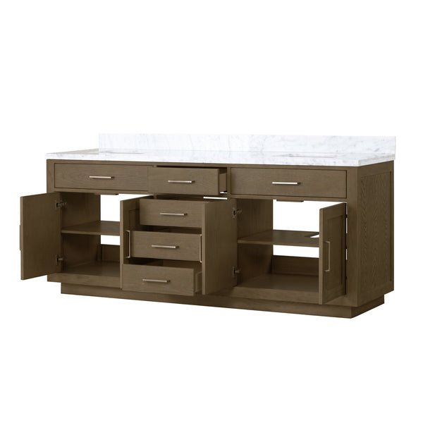 English Elm Grey Oak Double Bath Vanity With Carrara Marble Top - 80" W, Ample Storage & Soft-Close Features B2731P257821