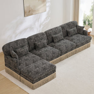 English Elm 131"comfy Chenille Leopard Print Sectional Sofa with Tassel Trim and Movable Ottoman Khaki W5656S00026