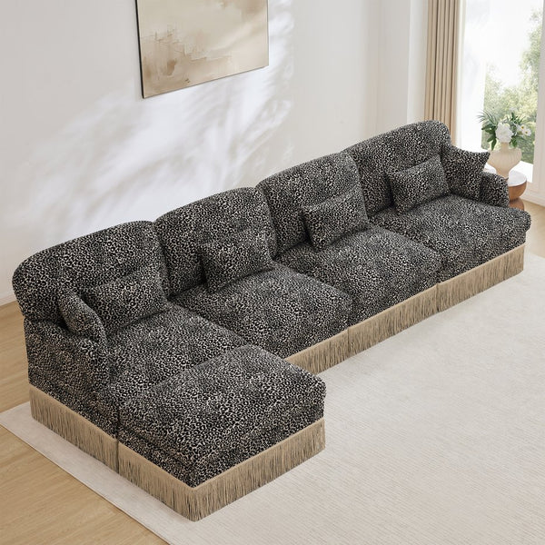 English Elm 131"comfy Chenille Leopard Print Sectional Sofa with Tassel Trim and Movable Ottoman Khaki W5656S00026