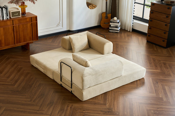 English Elm 59'' Corduroy Convertible Floor Sofa Sleeper with Bolster Pillow for Small Spaces Beige W3434P406618