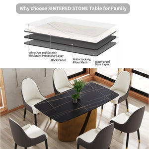 English Elm 63" Modern Sintered Stone Dining Table With Curved Black Panel And Bronze Iron Legs For 6-8 People W1535S00358