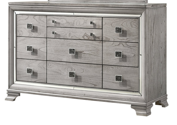 English Elm Contemporary Light Gray Brown 6-Drawer Mirrored Dresser with Faux Crystal Pulls — Glam Solid Wood Chest B011P216681