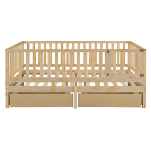 English Elm Full Size Pinewood Kids Daybed with Fence Rails Split Floor Bed and Storage Drawers Natural LP100882AAN