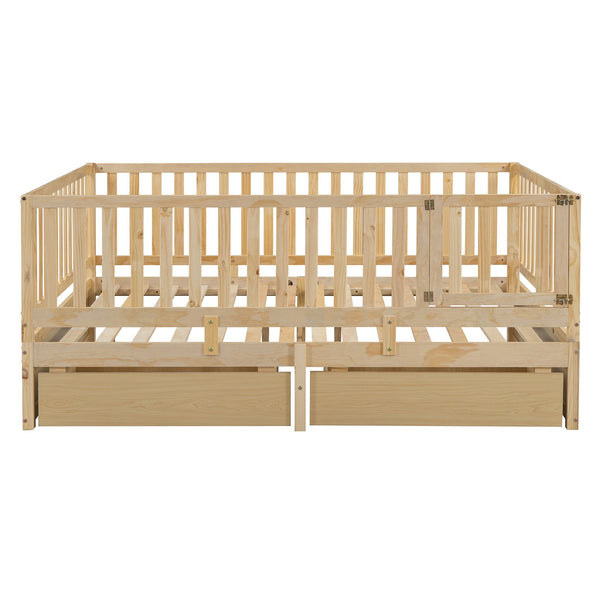 English Elm Full Size Pinewood Kids Daybed with Fence Rails Split Floor Bed and Storage Drawers Natural LP100882AAN