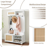 English Elm Clothes Hanger Hall Tree Storage Bench Shoe Rack For Entryway, Hall Tree With Bench and Shoe Storage, Hall Tree Entryway Bench With Rattan Door White, 40.16"W*18.58"D*64.17"H