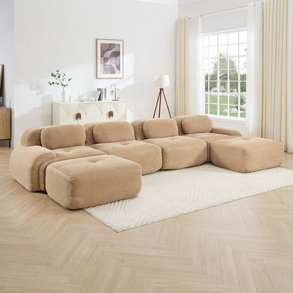 English Elm U-shaped Modular Sectional Sofa Corduroy Upholstered Ergonomic Curved Living Room Seating Camel W714S01245