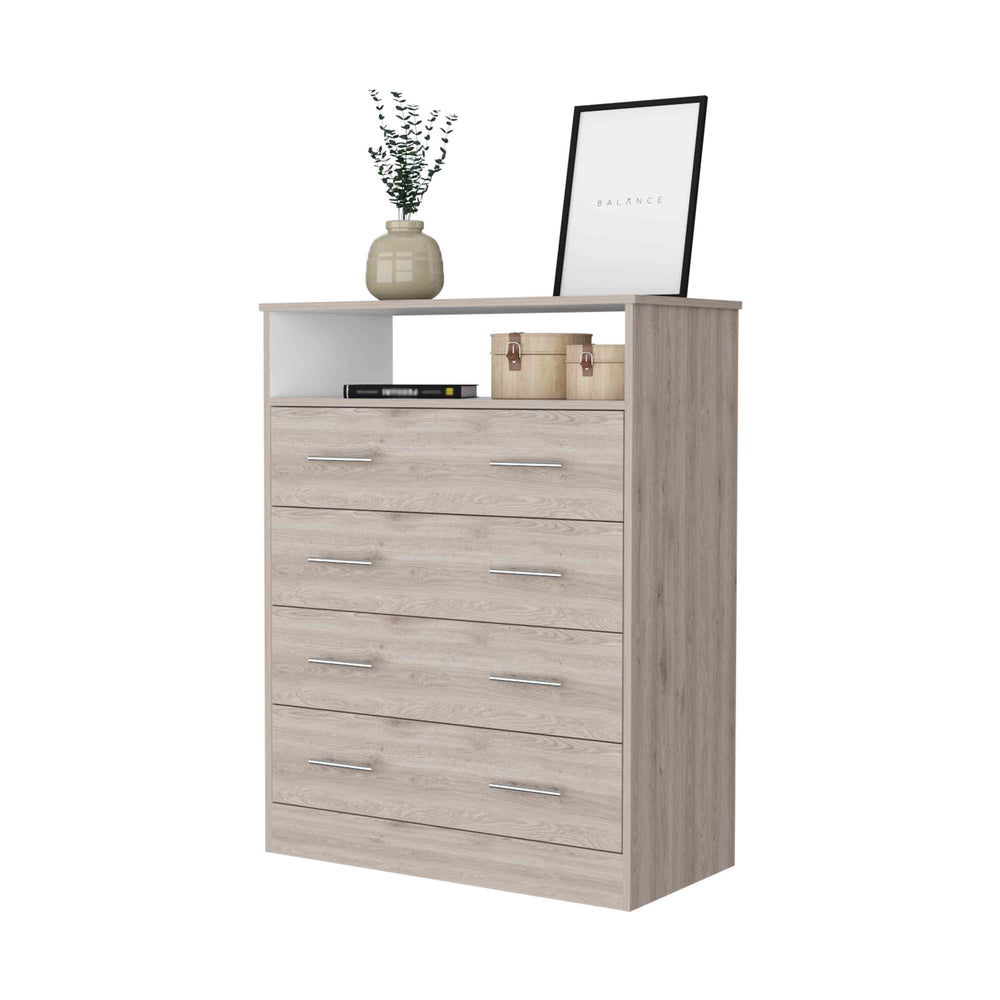 English Elm Lagos Four Drawer Dresser with Spacious Open Shelf and Superior Top, Light Grey Finish, Modern Storage Solution Multicolor 47 L x 22 W x 4 H B128S00097