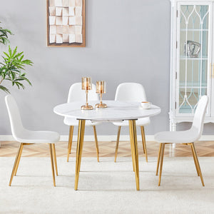 English Elm Table and Chair Set Extendable Round Mdf Dining with Gold Legs Linen Seats W1151S03957