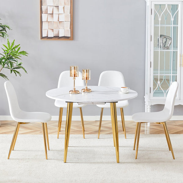 English Elm Table and Chair Set Extendable Round Mdf Dining with Gold Legs Linen Seats W1151S03957
