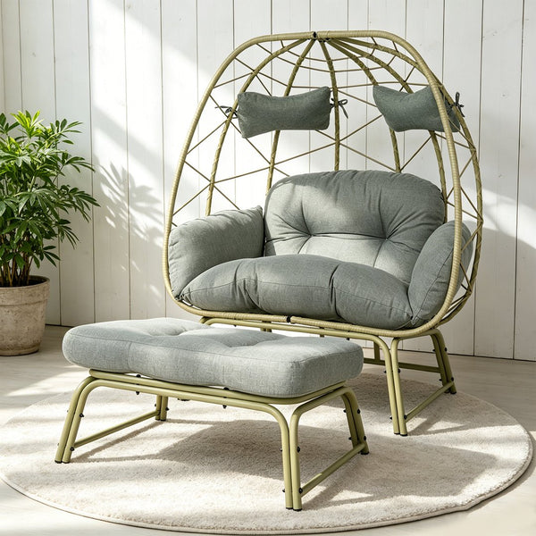 English Elm Double Wicker Egg Chair with Ottoman Bohemian Rattan Outdoor Lounge for Patio T5880P501482