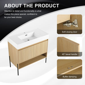 English Elm 36" Bathroom Vanity Combo With Resin Sink, Oak Finish, Stylish Storage & Easy Assembly For Modern Homes W1972S00009