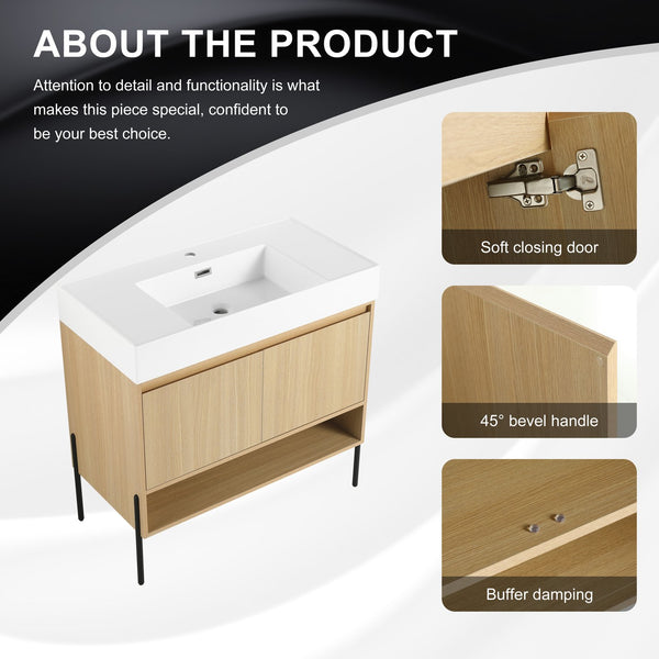 English Elm 36" Bathroom Vanity Combo With Resin Sink, Oak Finish, Stylish Storage & Easy Assembly For Modern Homes W1972S00009