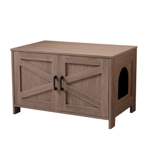 English Elm Cat Litter Box Enclosure with Barn Door Hidden Litter Box Furniture End Table Dual Cabinet Storage Greige W3008P235407