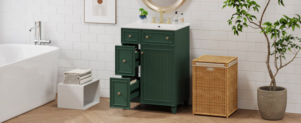 English Elm 24" Forest Green Bathroom Vanity Cabinet with Ceramic Sink, Soft-Close Door, 2 Drawers, Open-Back Access for Easy Plumbing and Durable Solid-Wood Frame N729P264336G